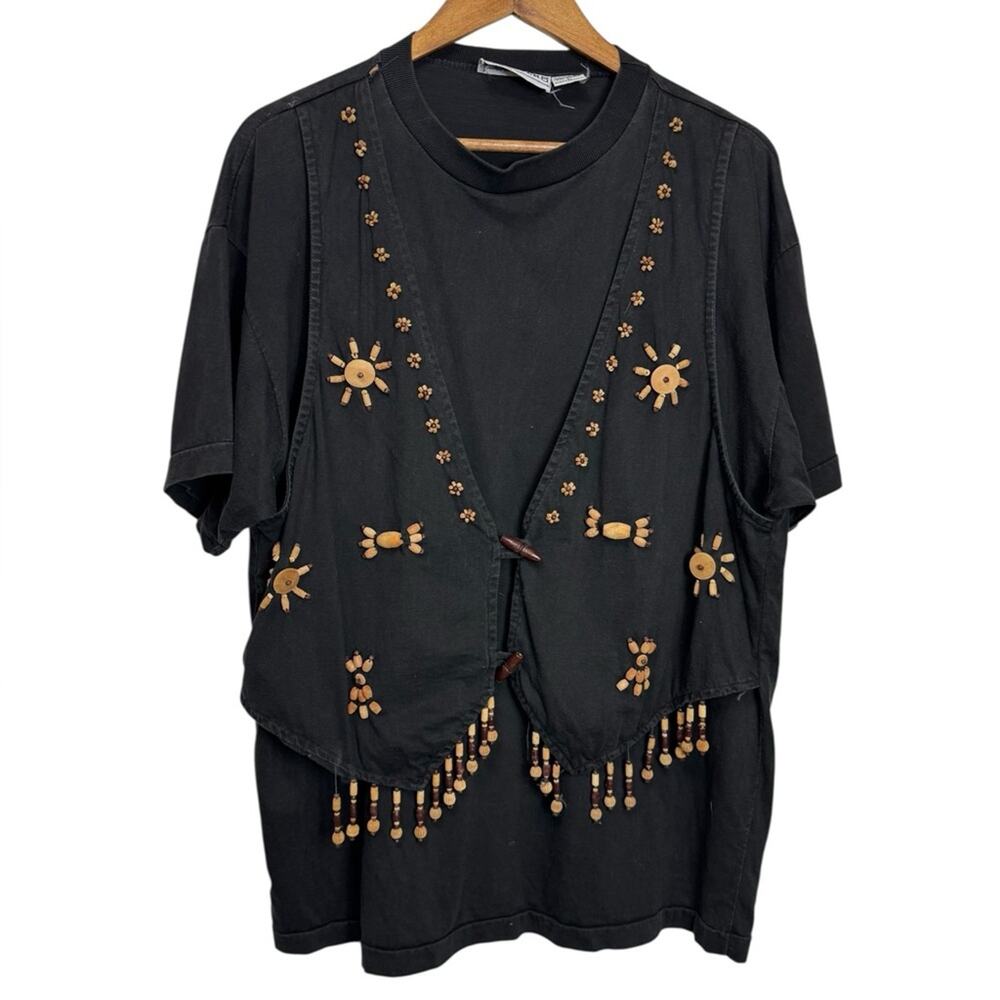 Vintage Red Rover Black Shirt with Brown Embellished Beaded Vest Cotton Large